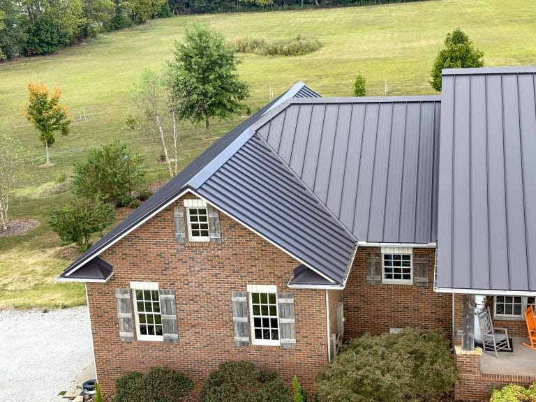 Aerial view of newly installed standing seam roofing. Metal Roofing Russellville KY
