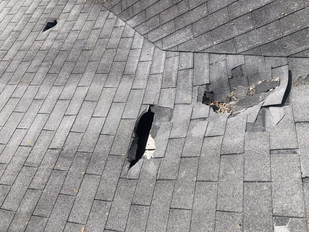 Hole punched through a rough by trees that fell during a storm. Nate-O Roofing offers roof repair as well as replacement in the Russellville, KY area